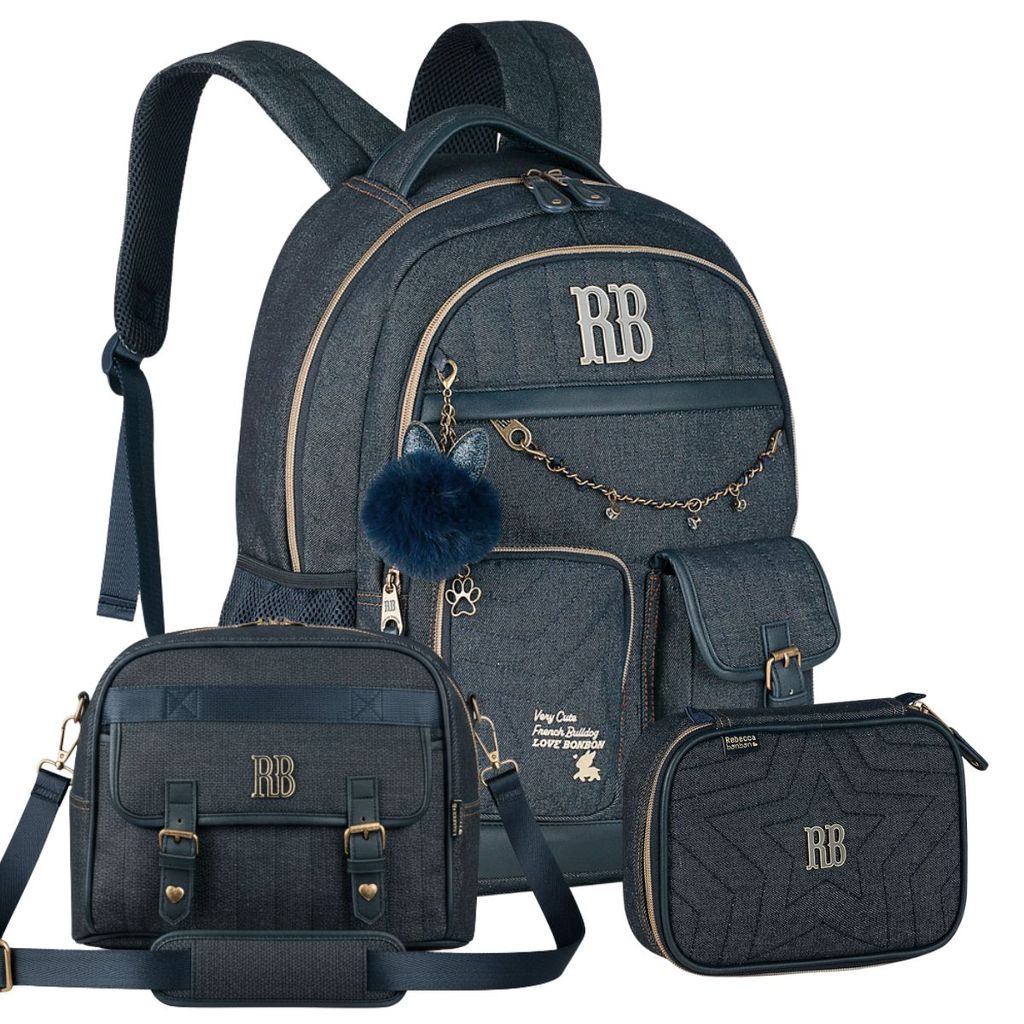 Kit Mochila de Costa Rebecca Bonbon Jeans Estojo E Lancheira