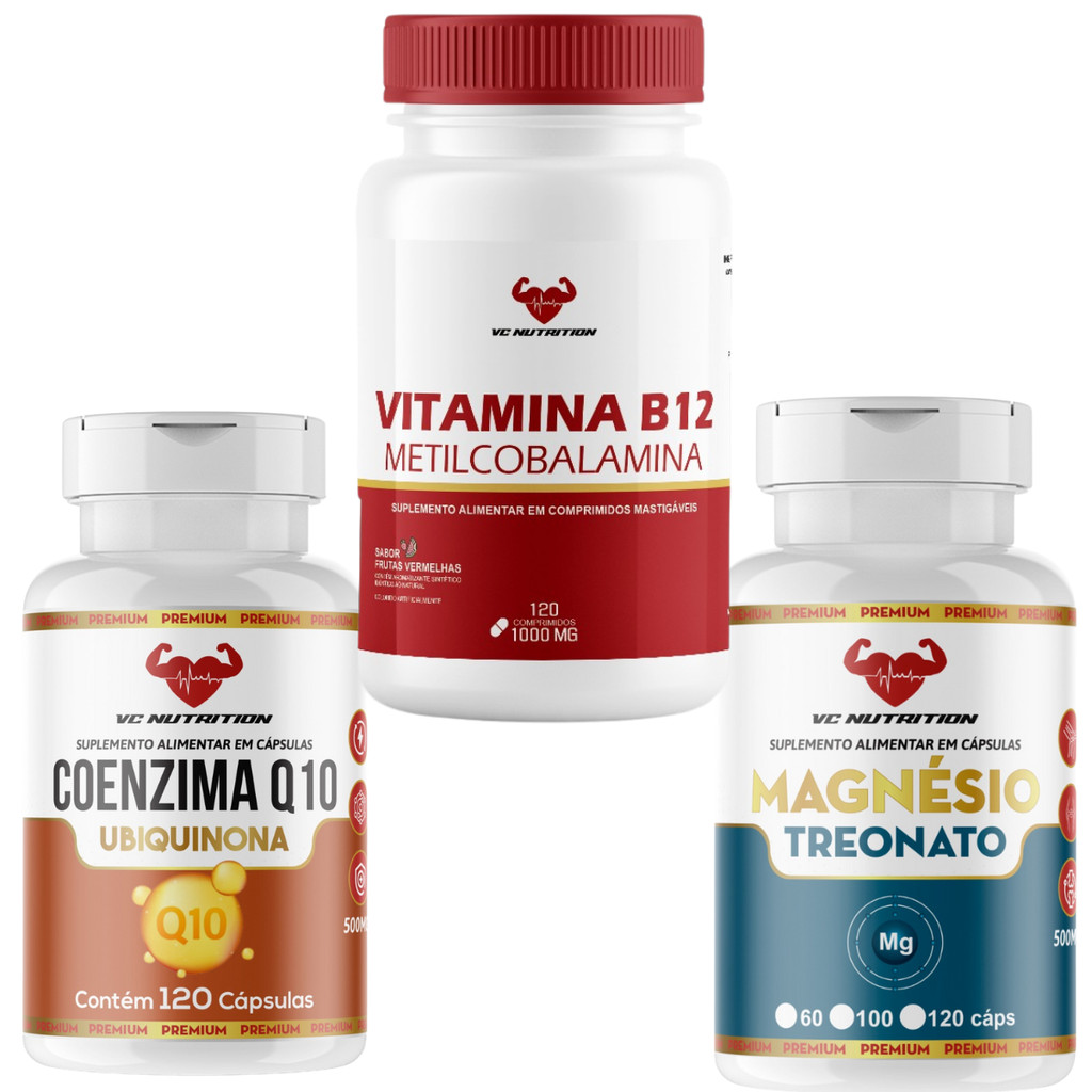 KIT Completo - B12 Metilcobalamina + Magnésio L Treonato + Coenzima Q10 Ubiquinona TOTAL 360 CPS