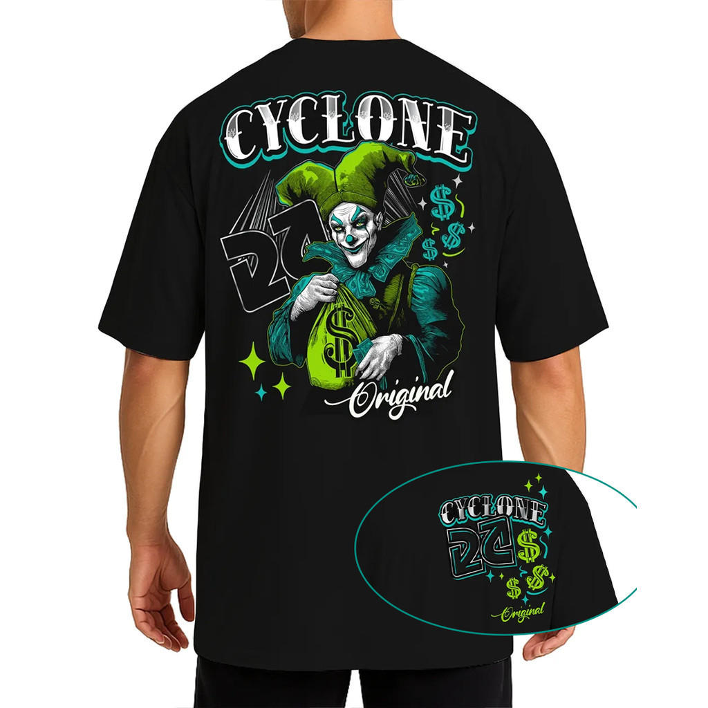 [Camiseta Premium em Algodão Puro]GXG Camiseta Preta Unisex, Design com "CYCLONE" Vintage, Imagem Religiosa, Cadeia Amar