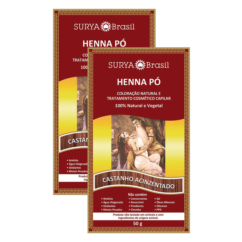 Kit 2 Henna Surya Pó 100% Natural Cor Castanho Acinzentado 50g em Oferta na Shopee