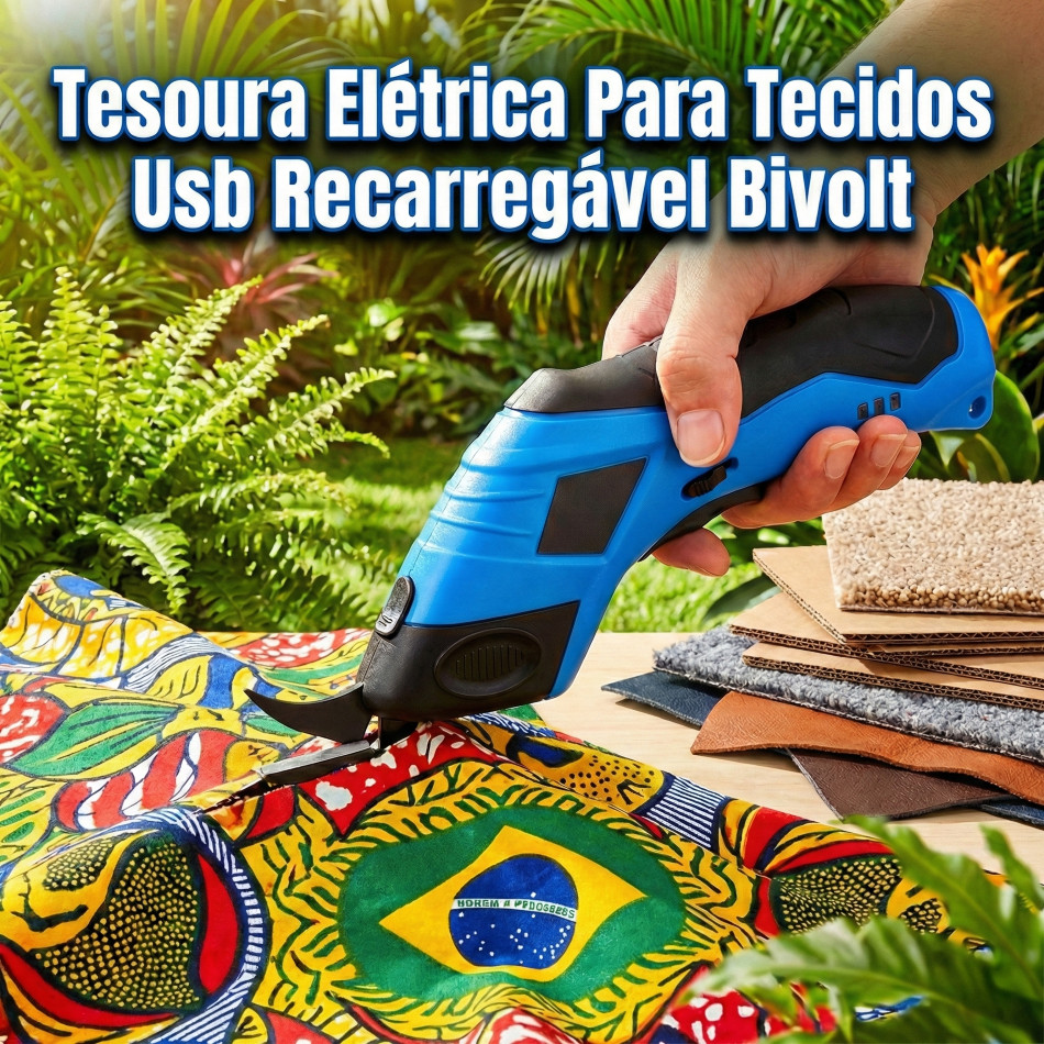 Tesoura Elétrica Recarregável Sem Fio Portátil para Tecido, Couro, Plástico e Papelão