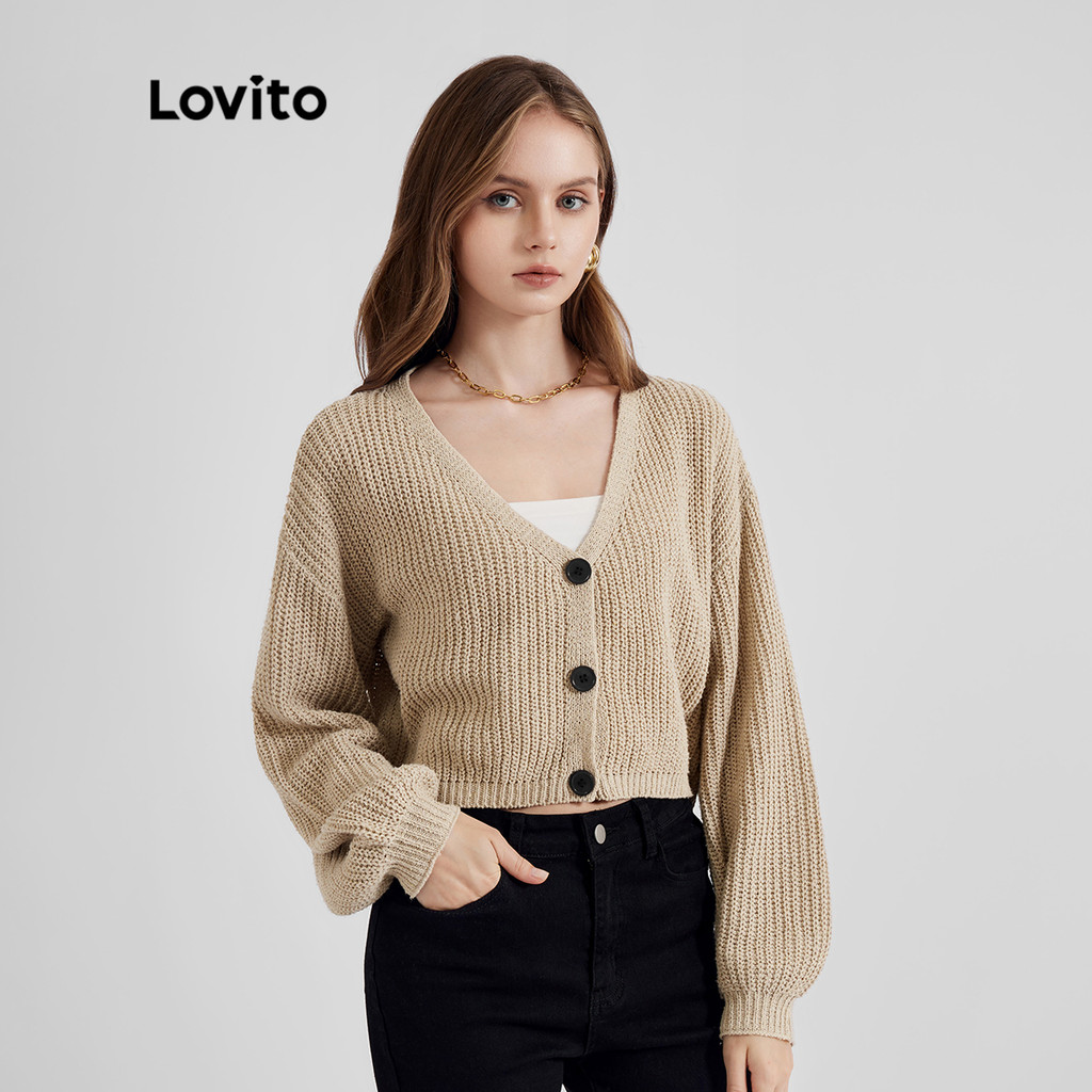 Lovito Cardigãs Casuais Lisos De Manga Comprida Com Botões E Cardigã De Malha Para Mulheres L21LT091 (Cáqui/Branco) em Oferta na Shopee