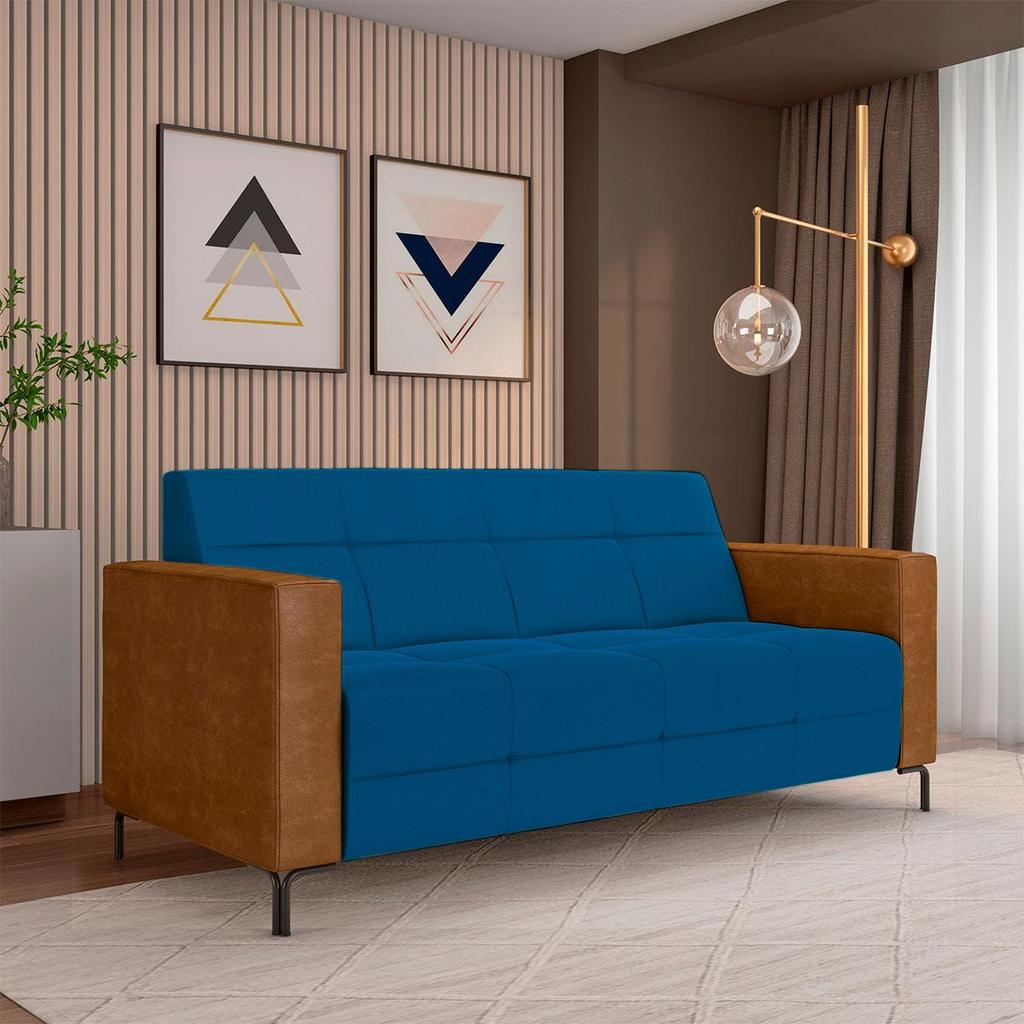 Imagem Sofá Living Decorativo Houston 2 Lugares 180cm Pés em Metal Veludo/ PU Azul/ Caramelo G33 - Gran Belo