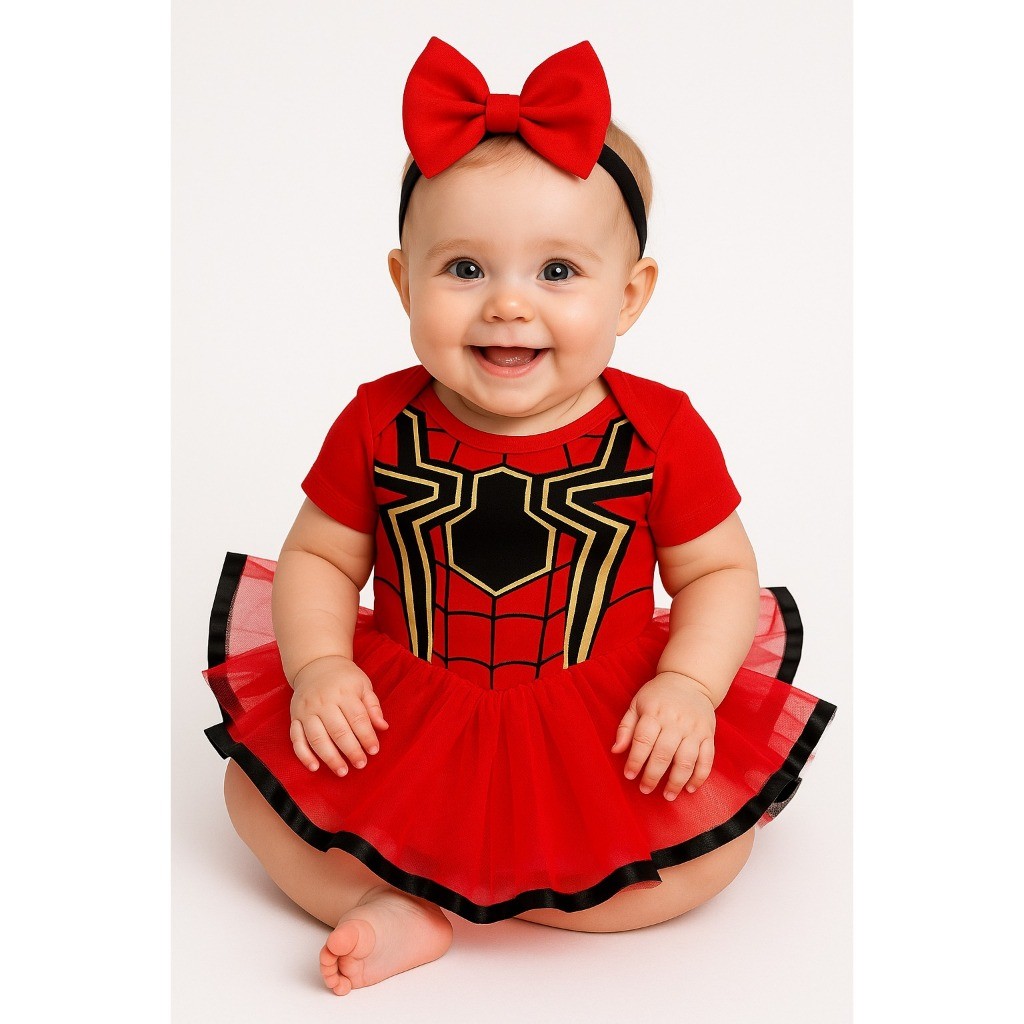 Body bebê, Mesversário, temático homem aranha menina  KIT COM 3 PEÇAS Body + saia de tule + laço