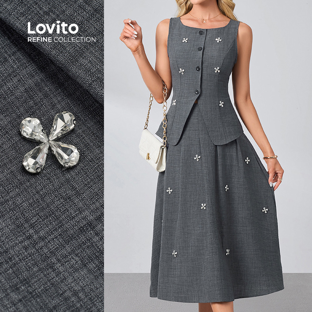 (Lovito Refine)  Elegantes Fivela Primavera/verão Saia Cinza Escuro Tops ou Bottoms para Mulheres. LR29L067 em Oferta na Shopee