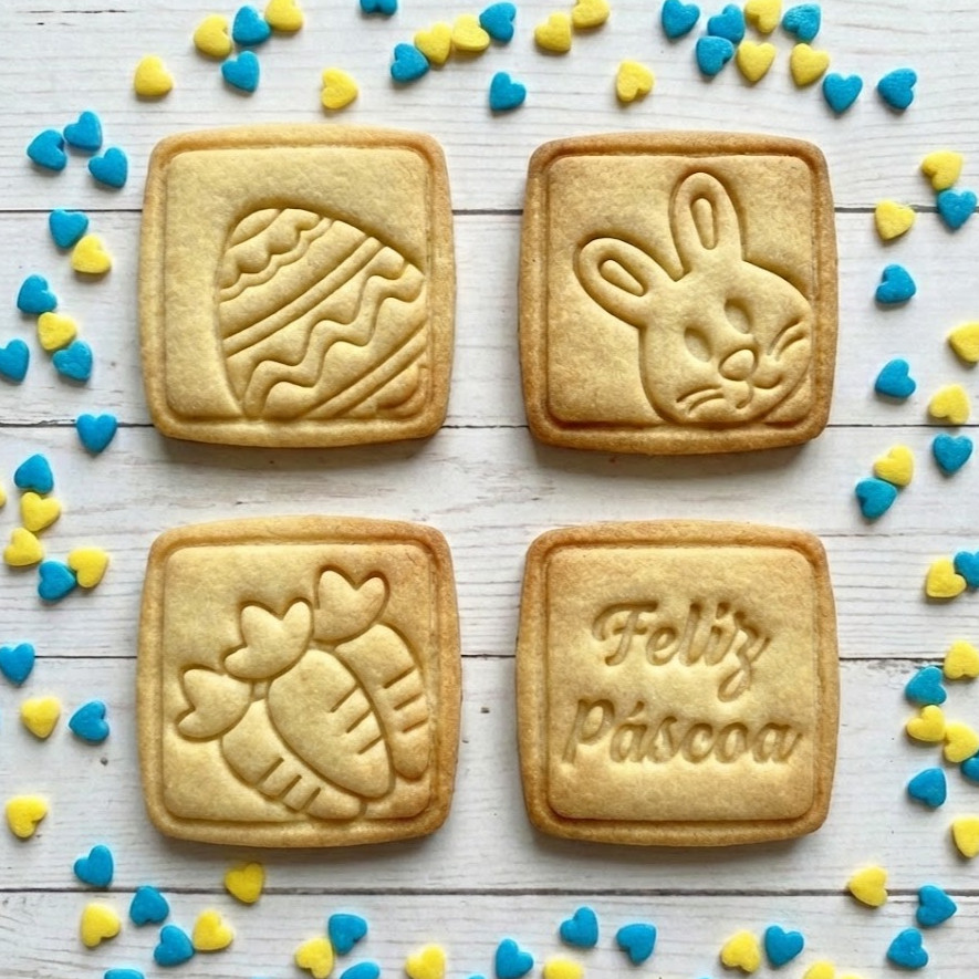 Cortador Quadrado Marcador Páscoa para Biscoitos e Cookies 4PÇS Kit Feliz Páscoa, Coelho, Ovo e Cenoura Confeitaria