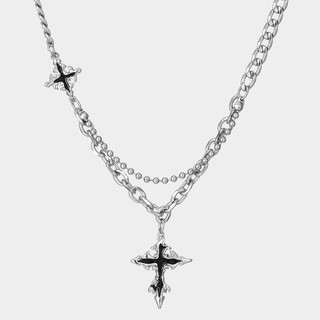 Colar Duplo com Pingente de Cruz Preta – Corrente Masculina Prateada Estilo Streetwear / Gótico Moderno 50cm