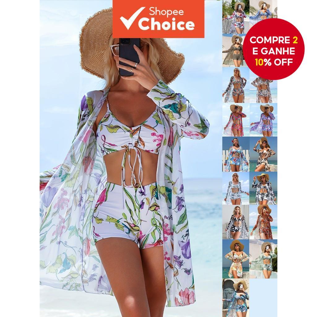 Conjunto De Biquíni Feminino Com Estampa De Praia , Maiô De 3 Peças Laço De Saída , Roupa De Banho Moderna em Oferta na Shopee