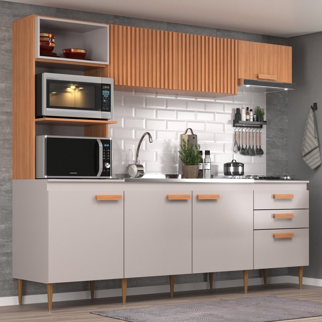 Cozinha Compacta Alta 6 Portas 3 Gavetas Freijó e Fumê Antonela em Oferta na Shopee