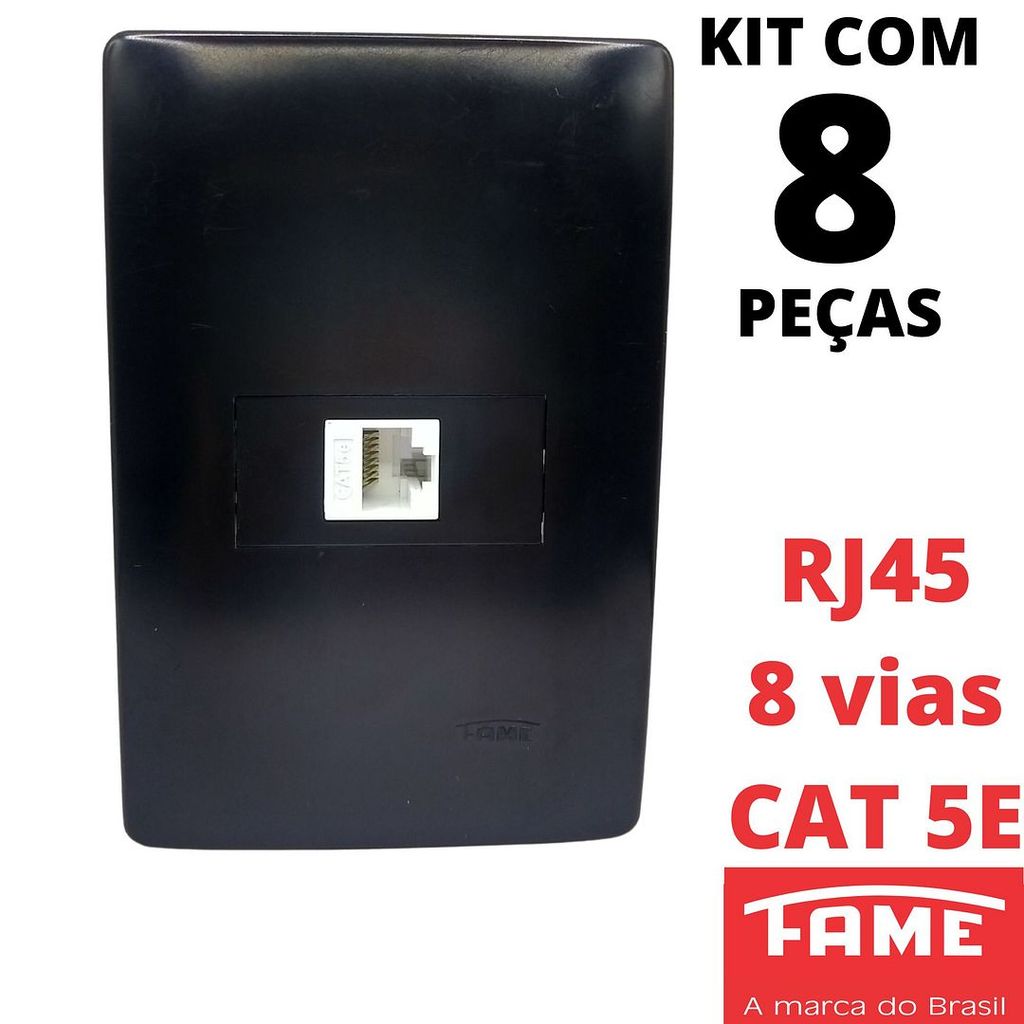 8un Tomada Rede de Informatica RJ45 CAT 5E 8 Vias Com Placa 4x2 Habitat Black Preto FAME