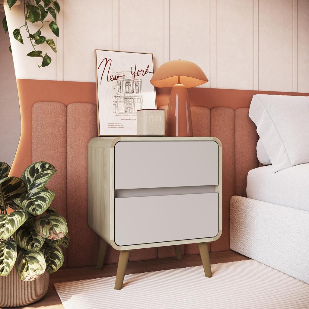 Mesa de Cabeceira Retrô 2 Gavetas Cantos Arredondados com Pés Palito e Corrediça Telescópica em Oferta na Shopee