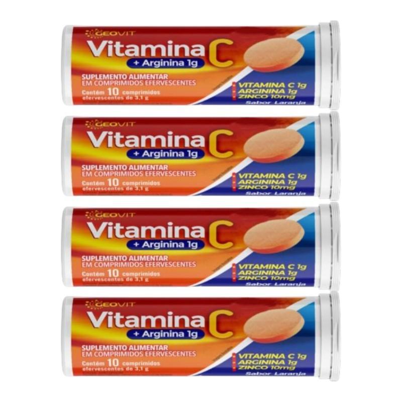 Kit Vitamina C + Arginina 1g Geovit Com 4 Caixas De 10 Comprimidos Efervescentes Cada
