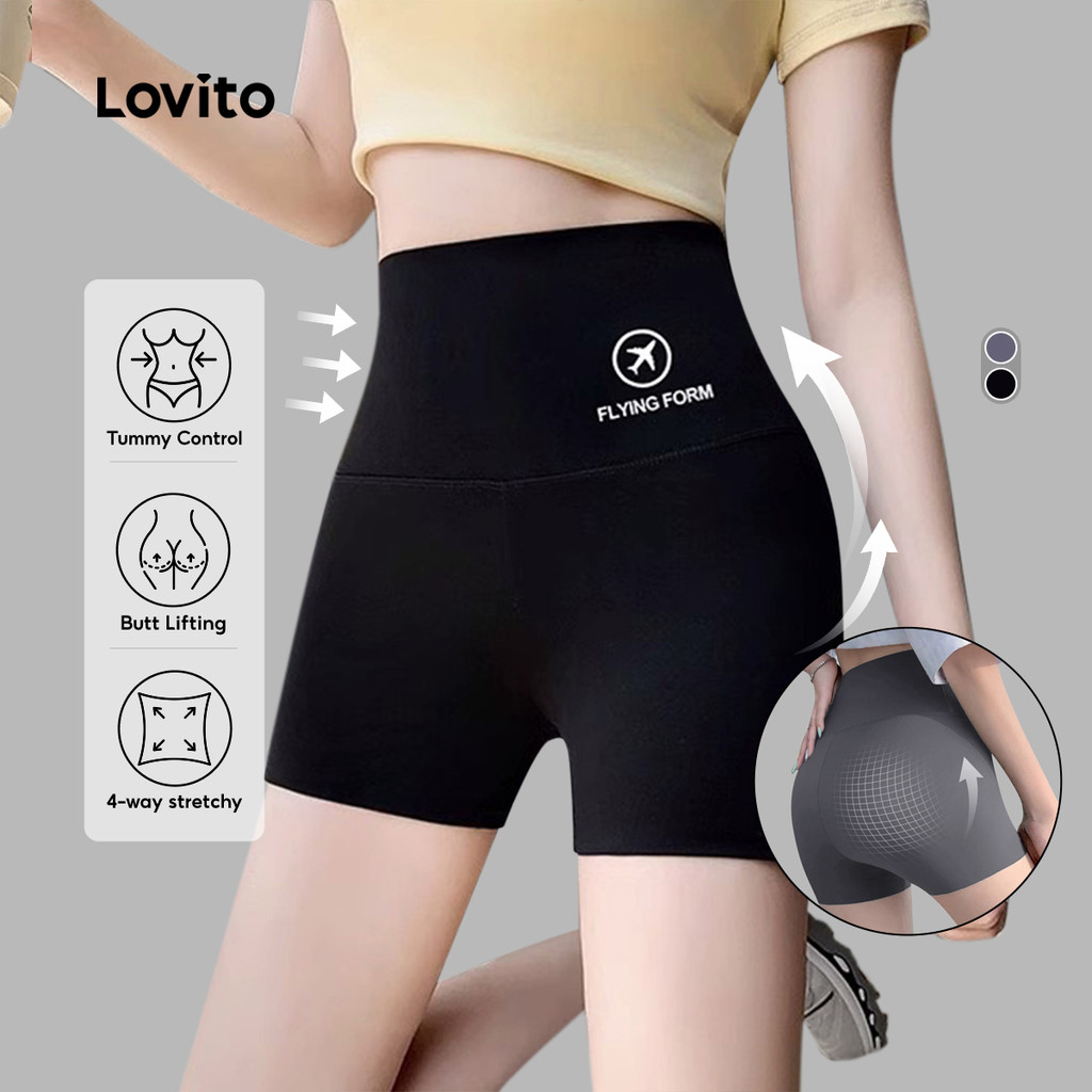Lovito Shorts esportivos cintura bunda de pêssego levantamento controle de barriga modelagem treino mulheres LNE116X053 em Oferta na Shopee