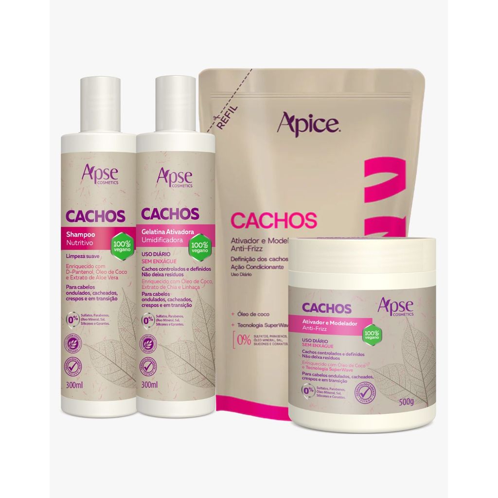 Kit Shampoo, gelatina, Ativador Refil Ativador Cachos Apice