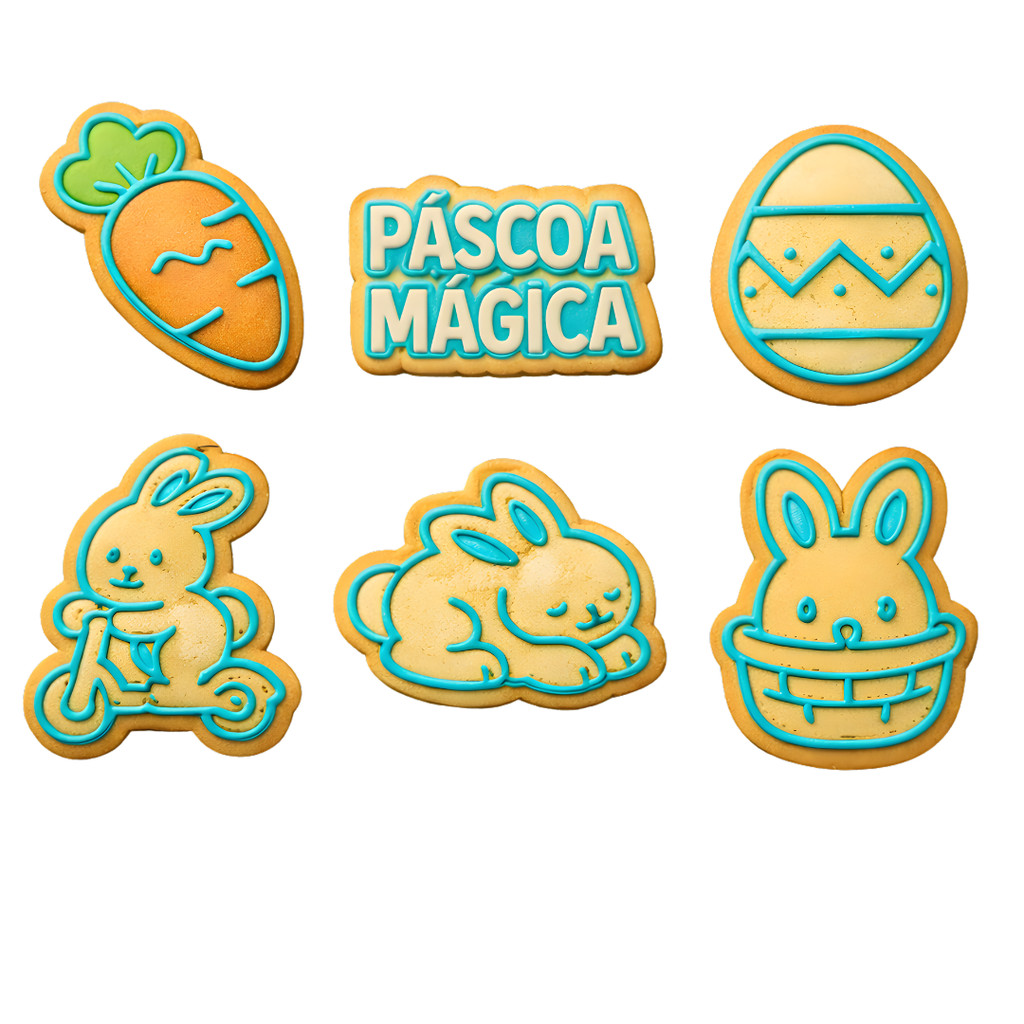Kit 6 Cortadores Formas para Biscoito Bolacha Cookie Massa Pasta Americana Pascoa Magica