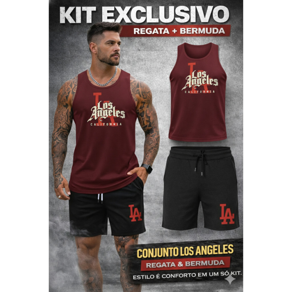 Kit Conjunto LA Regata e Bermuda Moletom PREMIUM Confortável Lançamento Toque Macio Envio Imediato