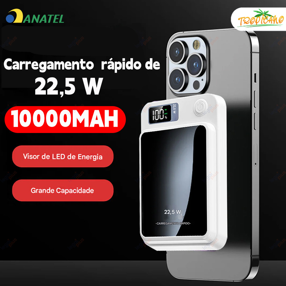 Powerbank 10000 mAh MagSafe com Display Digital - Carregador Rápido Sem Fio para