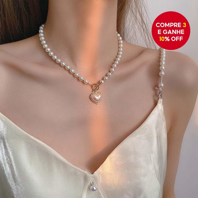 Colar De Coração De Pérola Elegante Gargantilha Em Camadas Joias Design Exclusivo Feminino