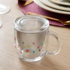 Caneca de Vidro com Infusor em Inox e Tampa Primavera Flores Rosa 330ml Lyor para Chá Decorada Transparente Cozinha
