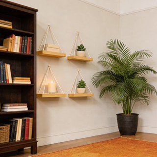 Kit 4 Prateleiras de Madeira de Pinus Prateleira Suspensa + Corda e Kit de Instalação 13x15cm em Oferta na Shopee