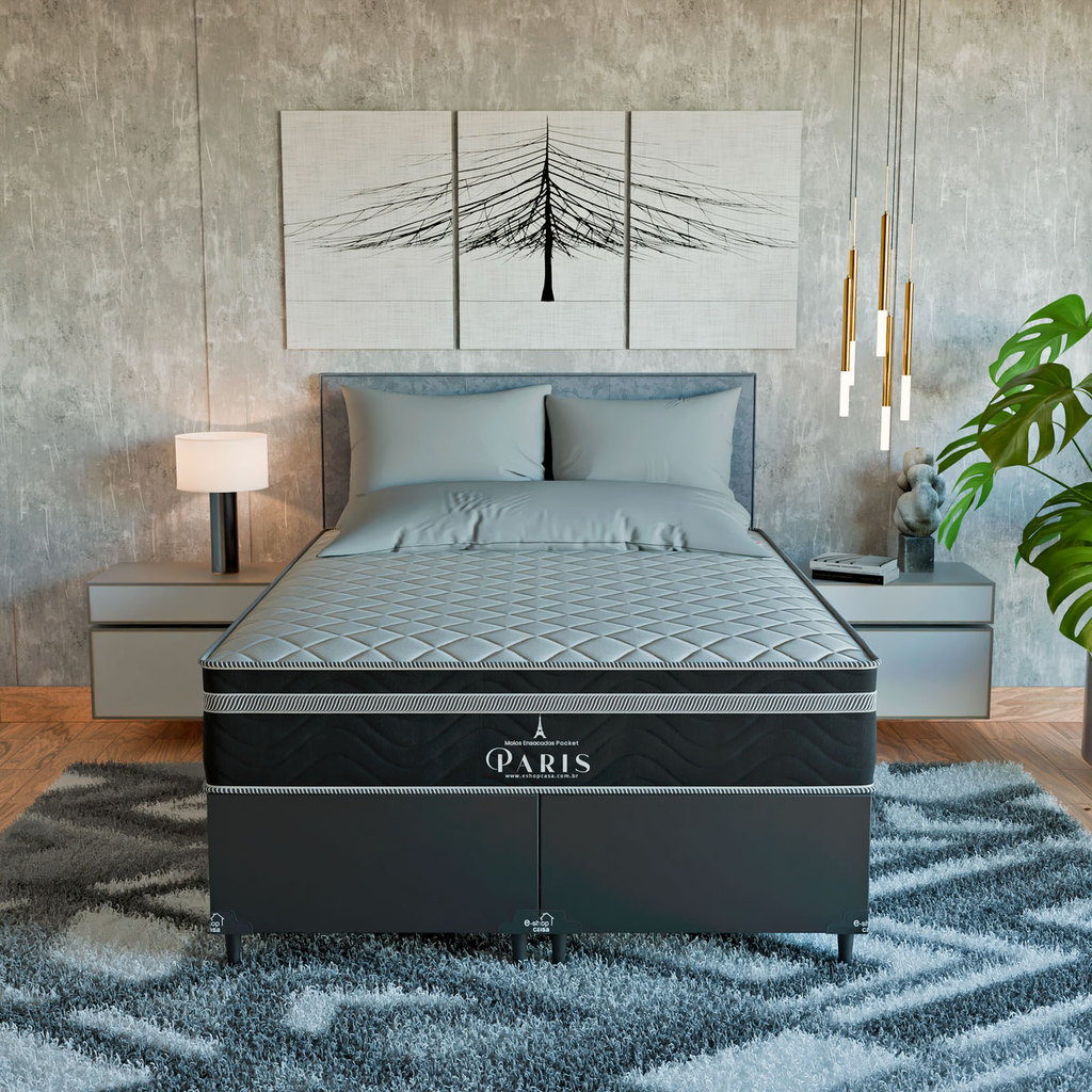 Cama Box Casal Bipartido Couro Preto + Colchão Paris Molas