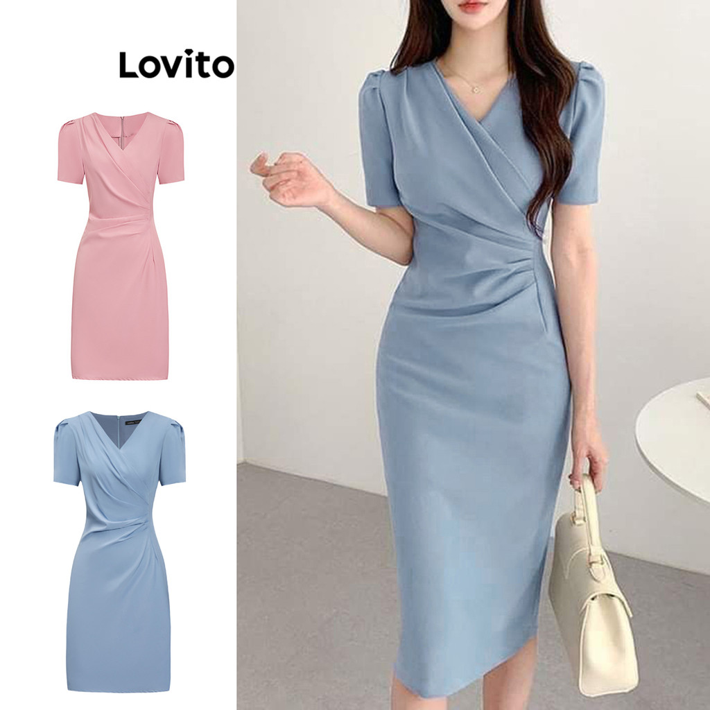 Lovito Vestido Elegante Vestido Plissado Liso Para Mulheres L87ED086 (Multicolorido) em Oferta na Shopee