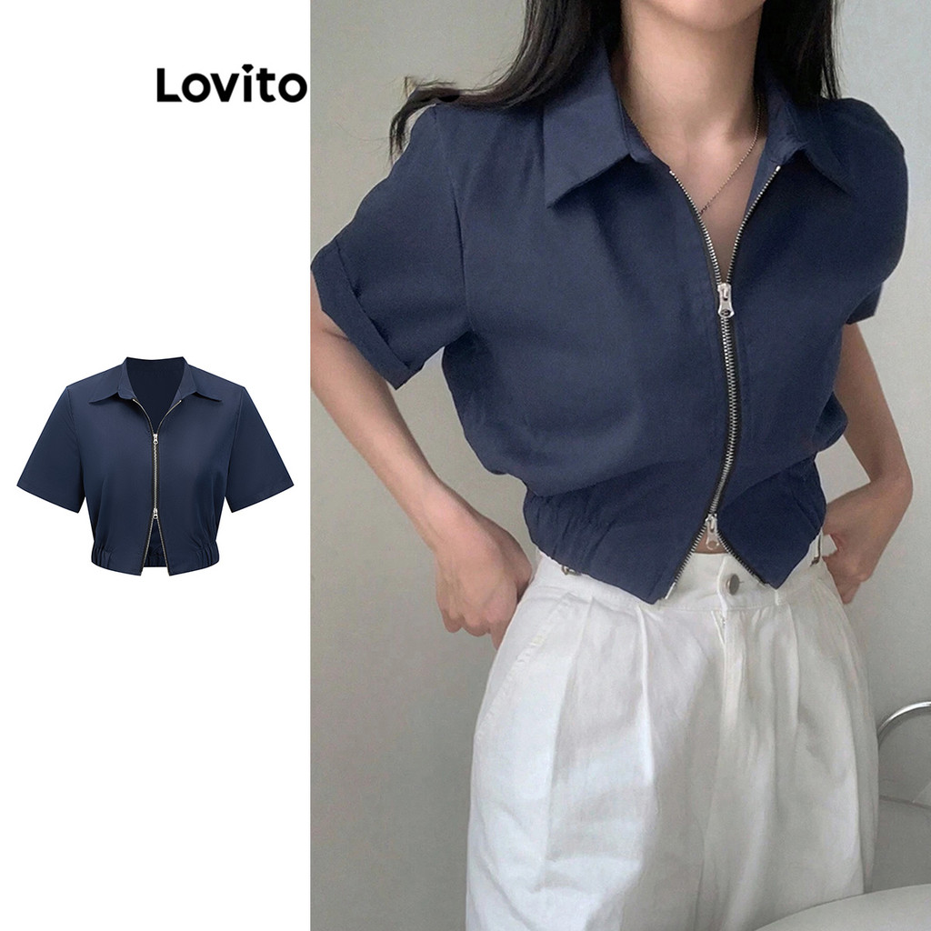 Lovito Blusa Preppy Blusa Simples Com Zíper Para Mulheres L82AD009 (Multicolorido) em Oferta na Shopee