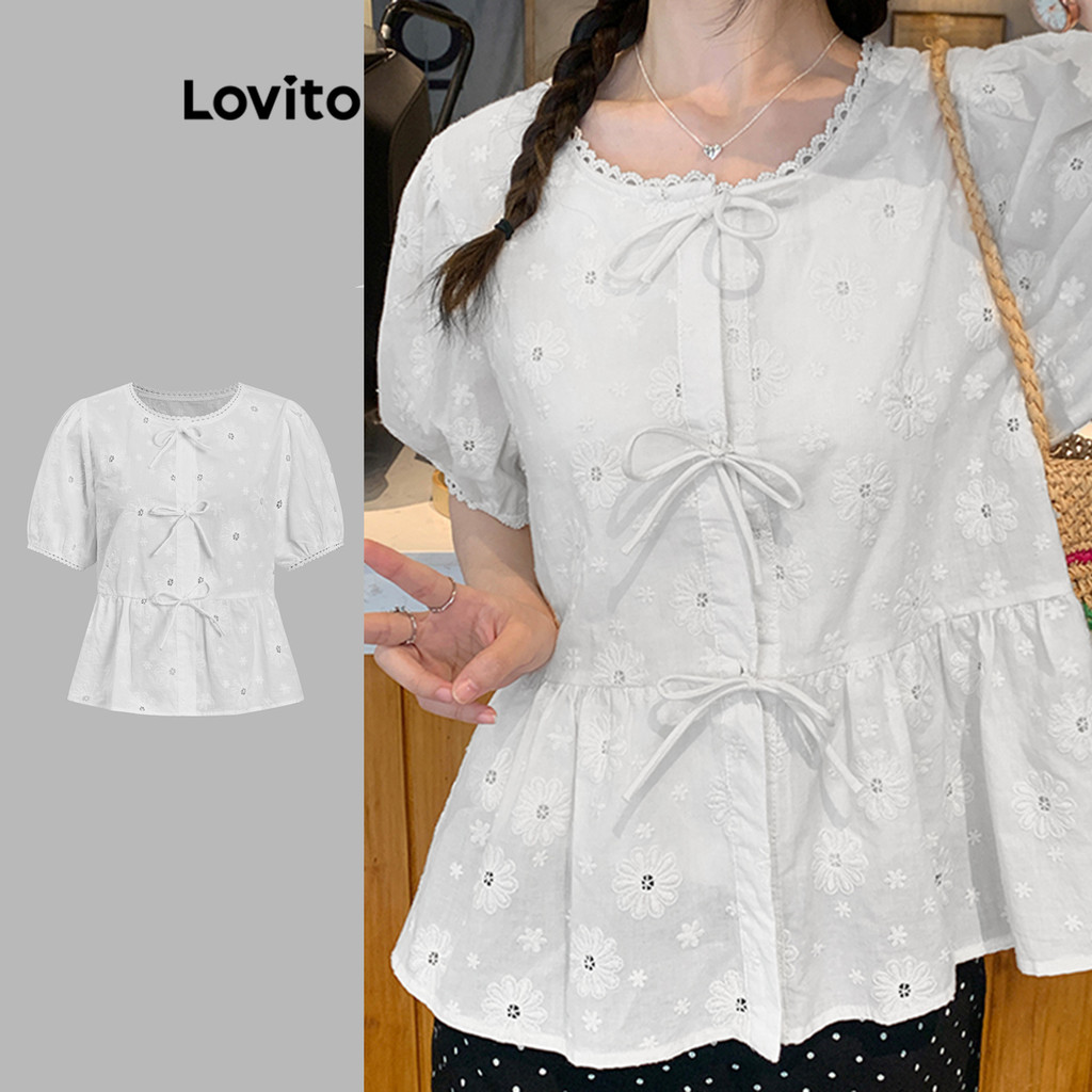 Lovito Blusa Fofa Com Laço Liso Frontal E Ilhó Bordado Blusa Plissada Para Mulheres L98AD002 em Oferta na Shopee