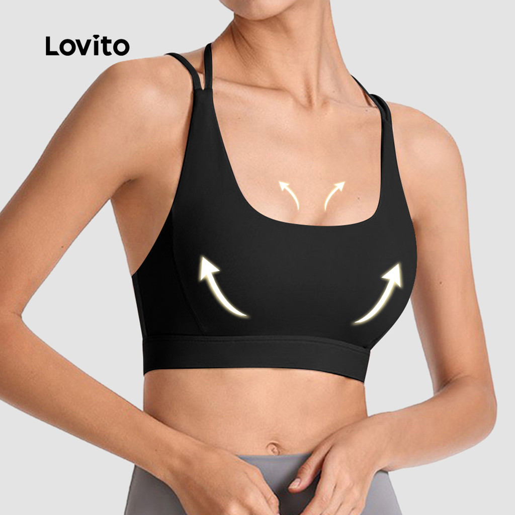 Lovito Brassiere Esportiva Elástica Push Up Brassiere de Yoga Fruncida Anti-Shock Costas Lindas Corrida Fitness LNL77167 em Oferta na Shopee