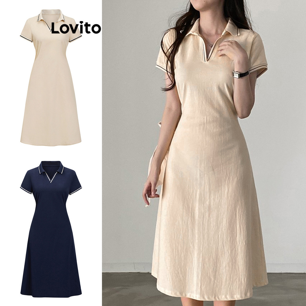 Lovito Vestido Casual Liso Contrastante Com Cadarço Para Mulheres L80ED294 em Oferta na Shopee