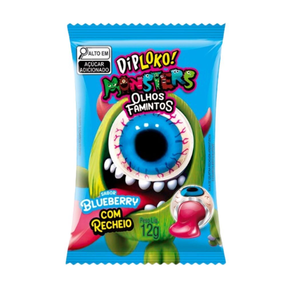Bala de Gelatina Diploko Monsters Olhos Famintos Sabores Sortidos com Recheio 12g