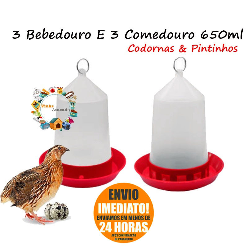 Kit 3 Bebedouro 3 Comedouro Automatico Para Codorna Pintinhos Aves Pequenas Alimentador