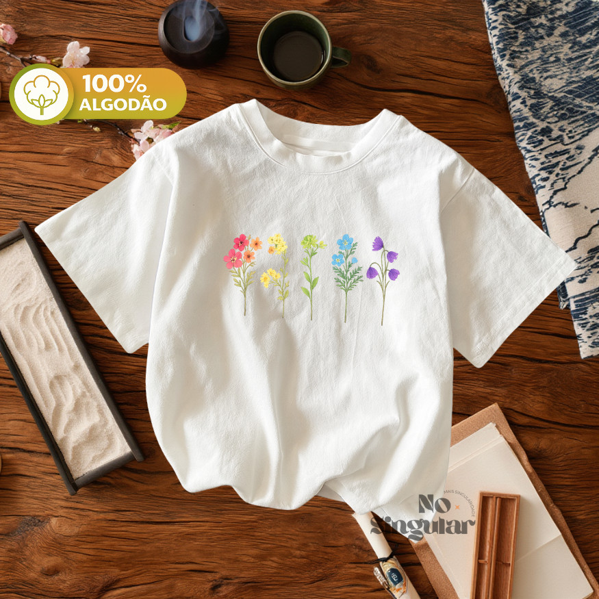 T-Shirt Feminina Floral Primavera Slim Algodão minimalista  Floral