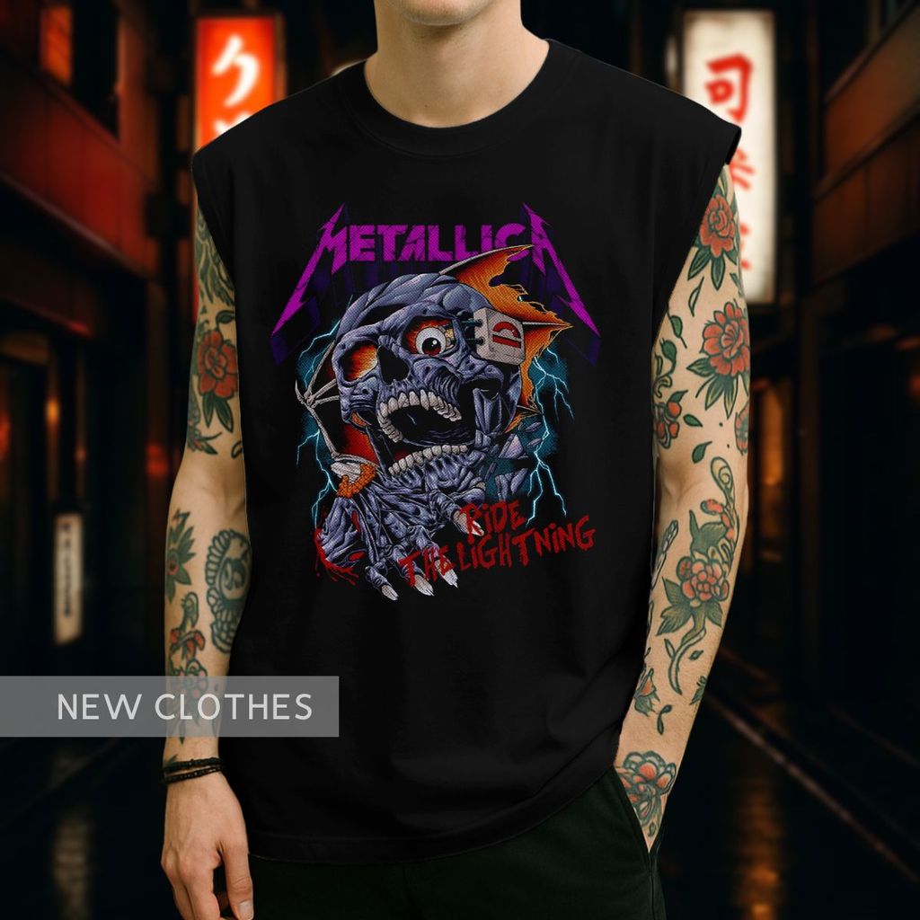 Regata Oversized Metallica Ride The Lightning Caveira Raio Band Merch Camiseta sem Manga Casual Premium Preta