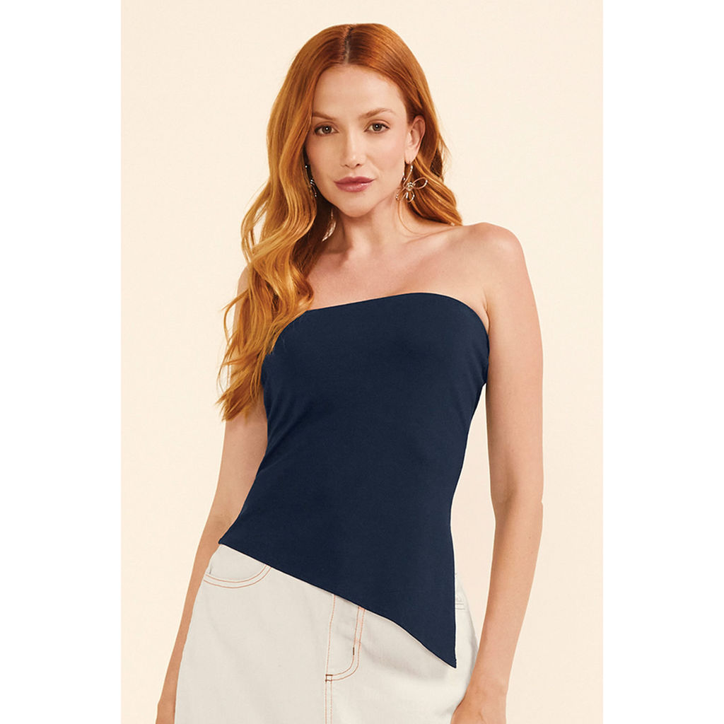 Blusa Feminina Assimétrica Sem Alças Marialícia Azul