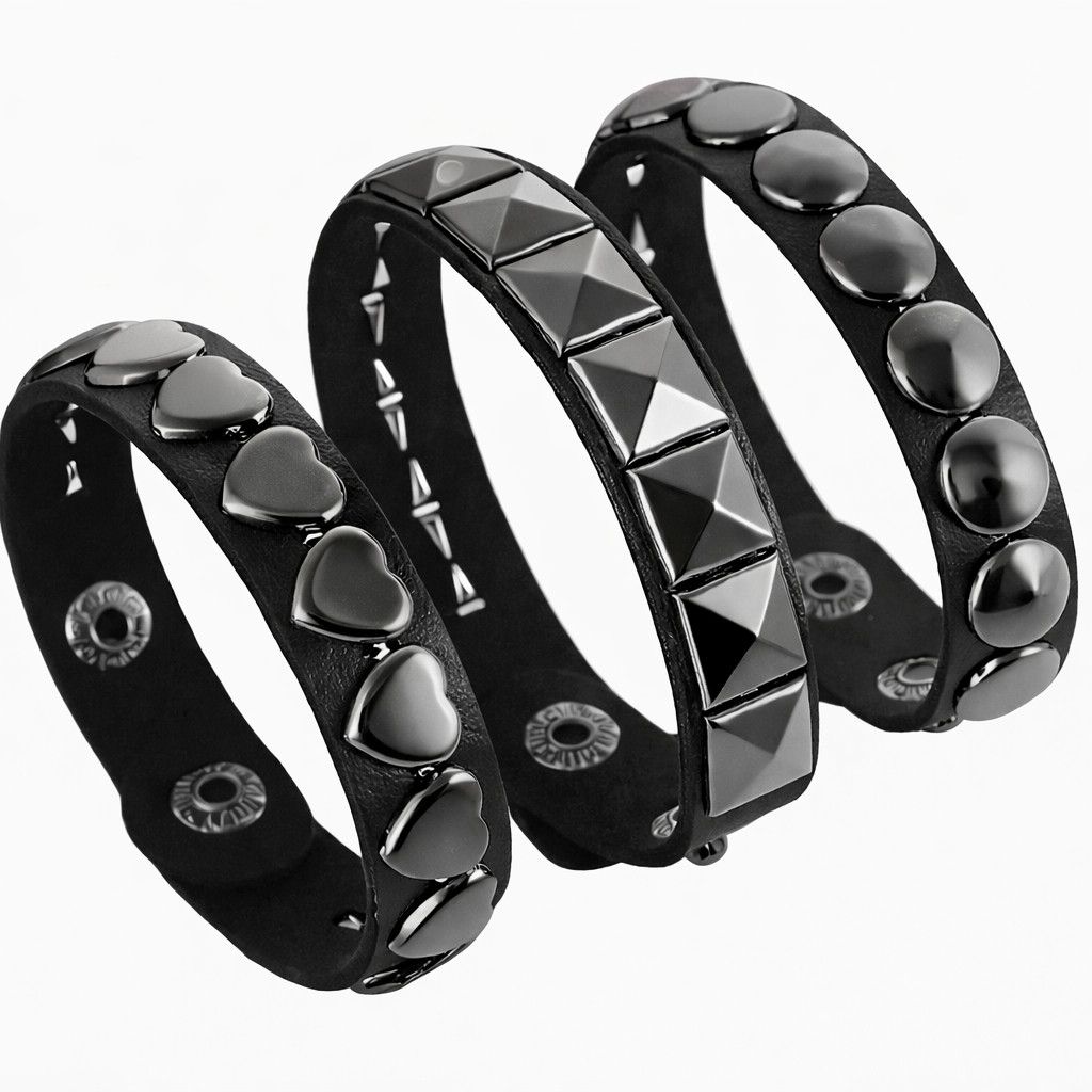 Kit 3 Pulseiras Punk Rock Góticas Unissex em Couro com Tachas Grafite/Prata Ajustáveis em Oferta na Shopee