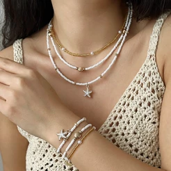 Colar Feminino Triplo Estilo Praia com Estrela do Mar Banhado a Ouro / Prata | Semijoia Ajustável Elegante