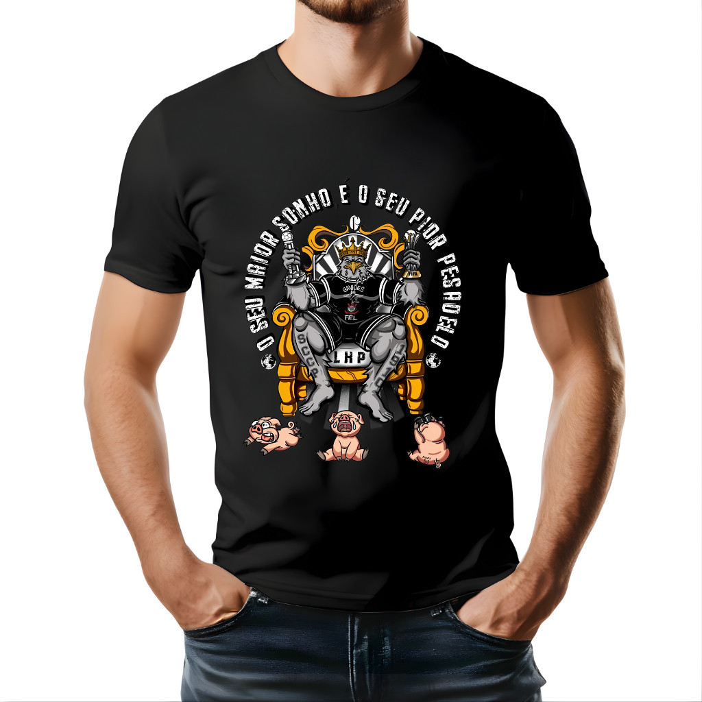 Camiseta Oversized Preta Unissex de Algodão, com Estampa da Águia Coroada e Frase "O Seu Maior Sonho
