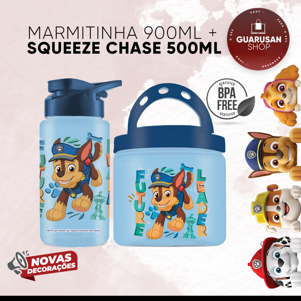 Kit Patrulha Canina Chase - Marmita Lancheira Lanche Pote 900ml + Garrafa Squeeze Bottle Cantil Infantil Escolar 500ml