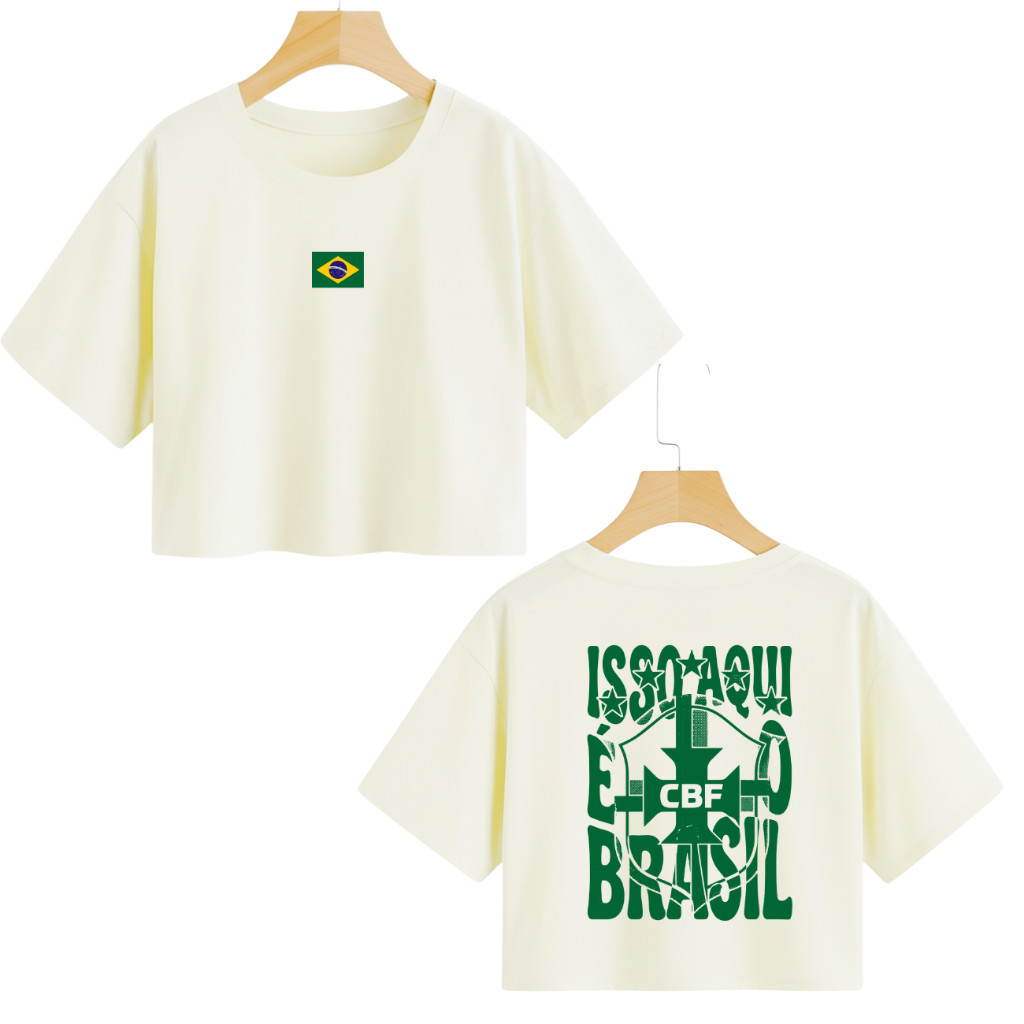 Cropped Brasil Estampado Frente e Verso Tendência Brasil Premium Feminina Casual 2026 Algodão Look Moderno