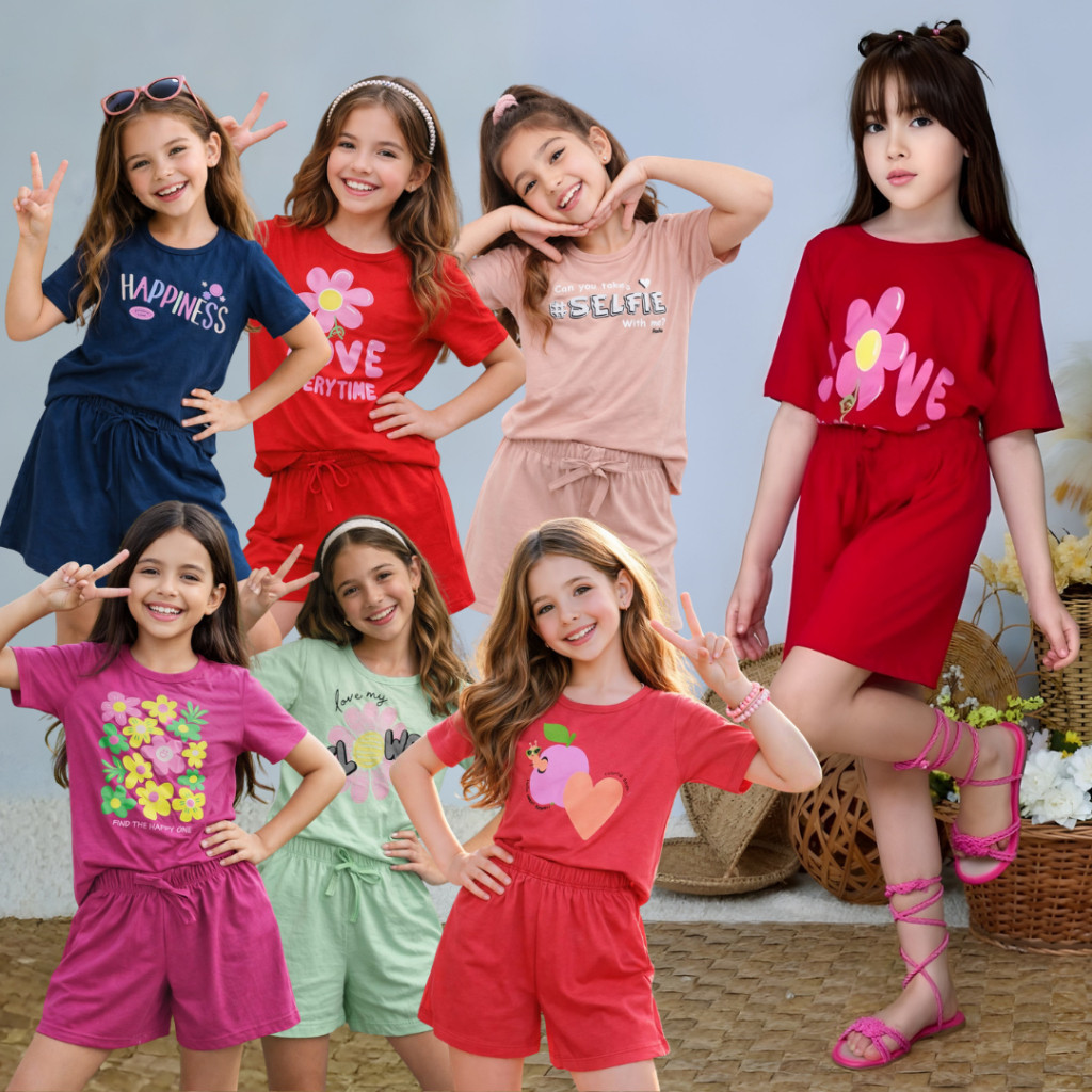 Kit Sortido 10 Peças de Roupas Femininas Juvenil Manga 3/4 –5 Blusas+5 Shorts de 10/12/14/16 Anos