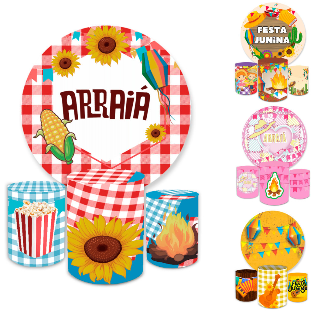 Kit Painel Redondo 1,50x1,50 + Trio Capa Cilindros Temático Arraiá Festa Junina