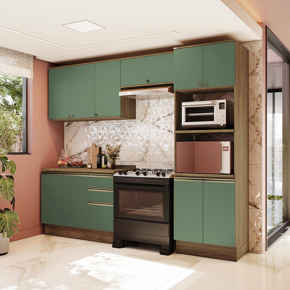 Armário de Cozinha Completa Torre Quente 100% MDF 270cm Nogueira/Verde Celeste Kappesberg em Oferta na Shopee