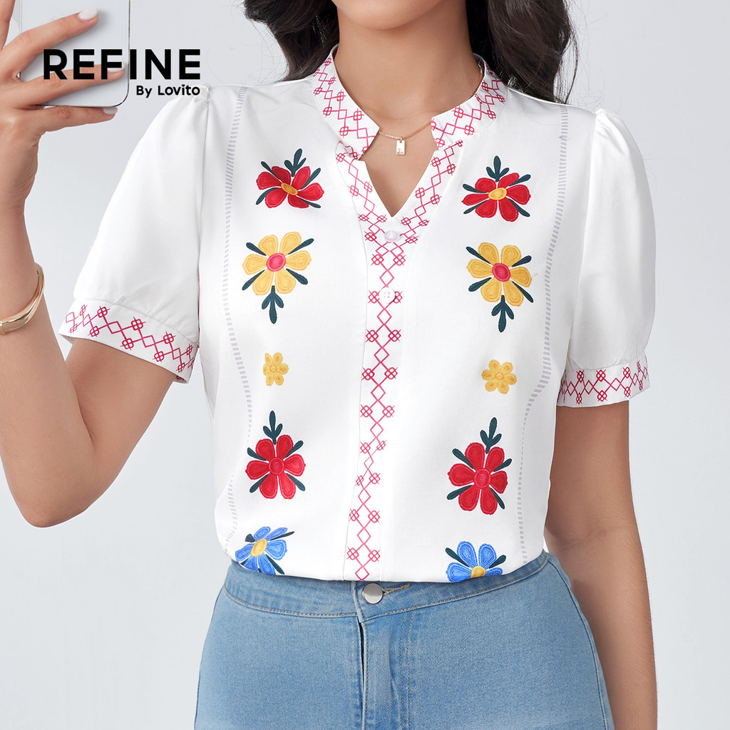 (Refine by Lovito) Blusa Elegante Flores Geométricas Blusa Primavera/verão para Mulheres LR32L004