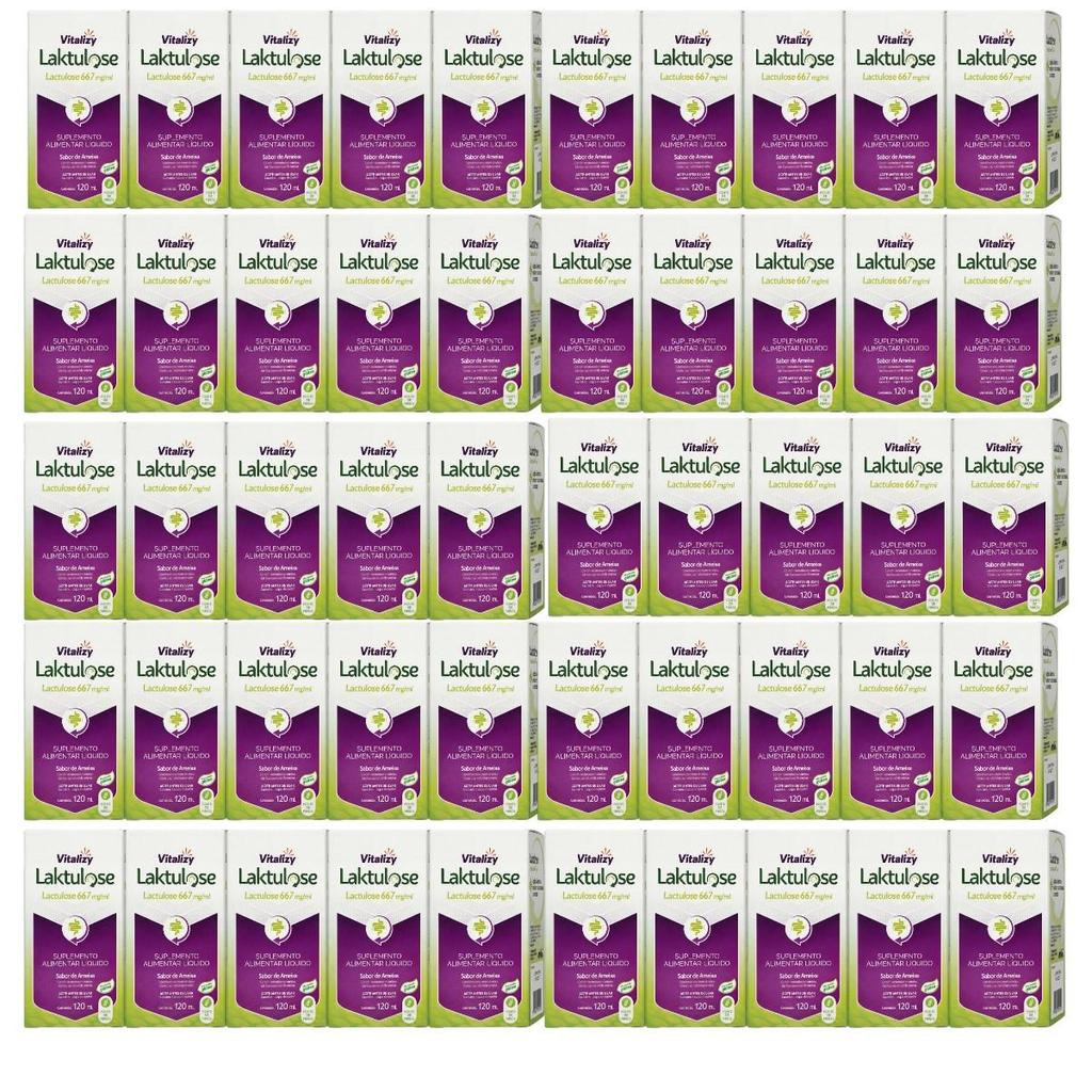 KIT Lactulose 50 Caixas de 120ml cada Vitalizy 667mg/ml  Ameixa Regulador Intestinal Sem Glúten Fonte De Fibras Natural