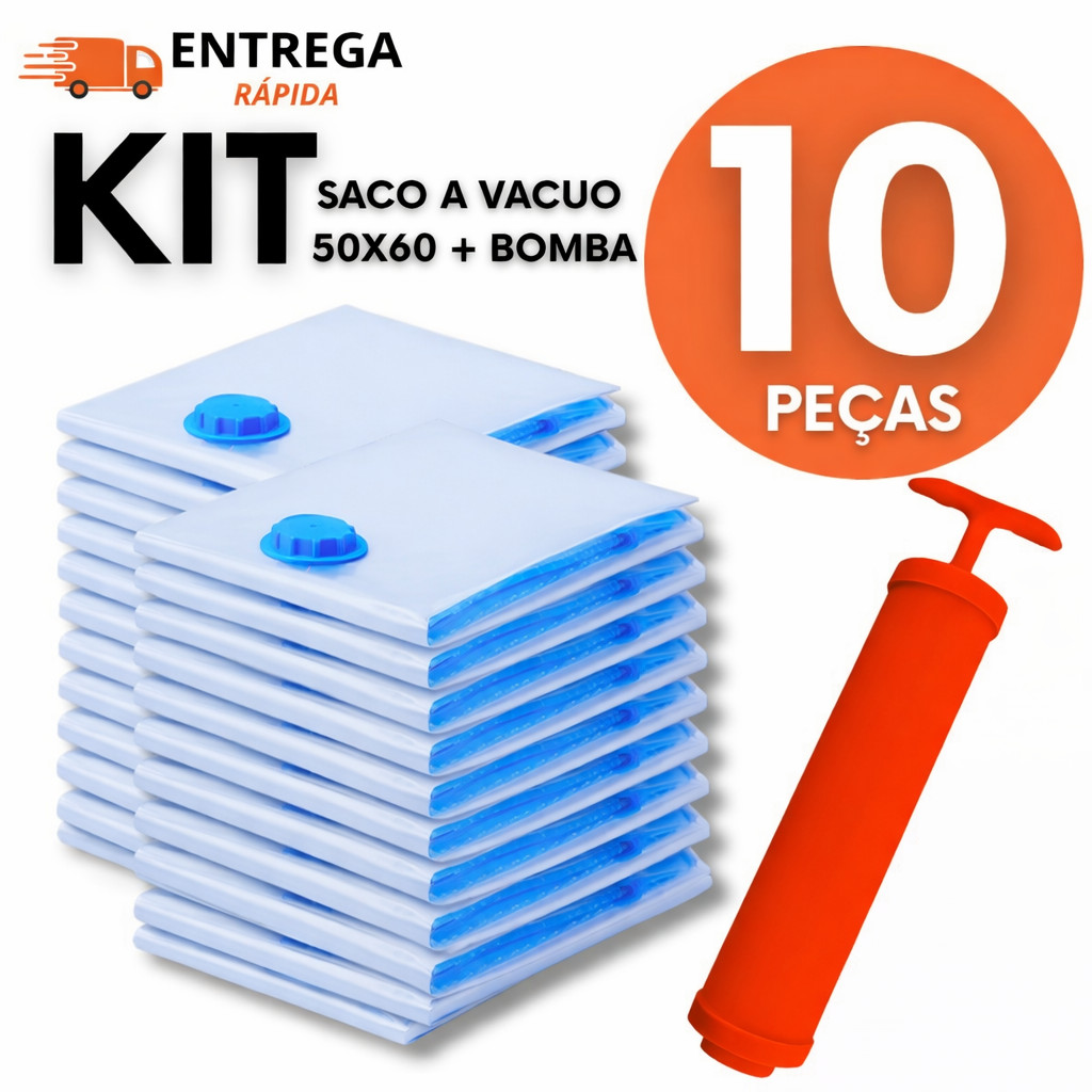 Kit Saco Á Vácuo 50x60cm Grande Com Bomba Manual Compactador Organizador De Roupas Mala Viagem Armário