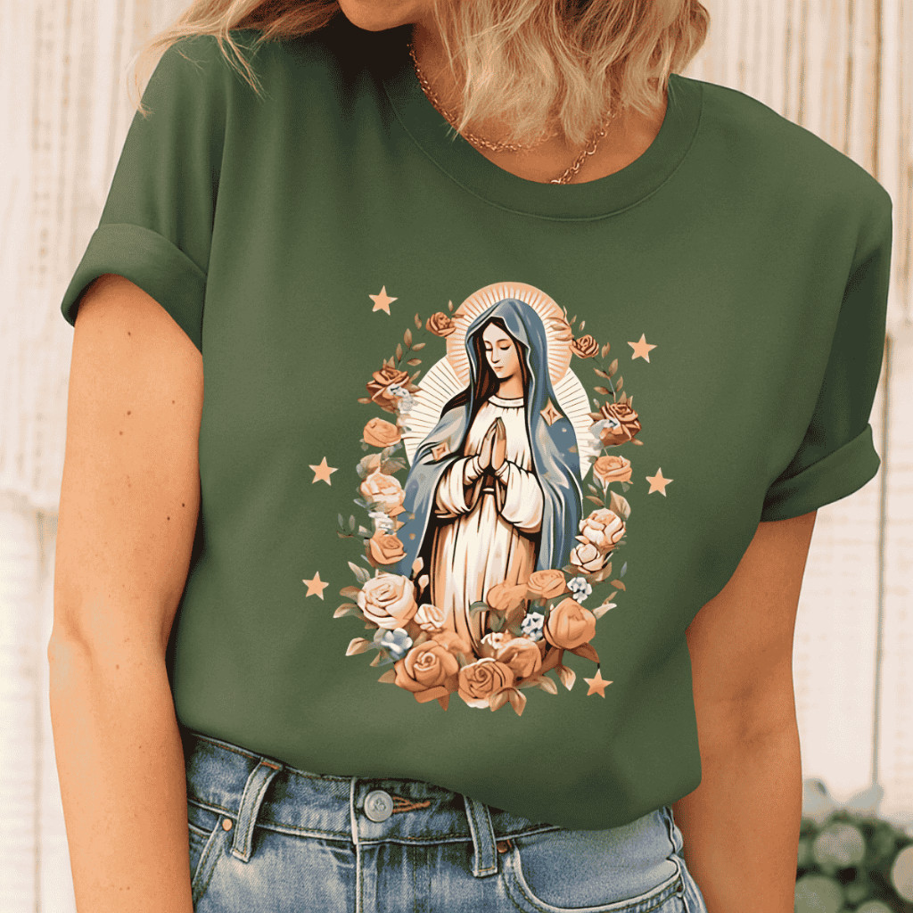 Camiseta Feminina Estampada Virgem Maria Blusa Algodão Camisa Preto Bege Branco estilosa