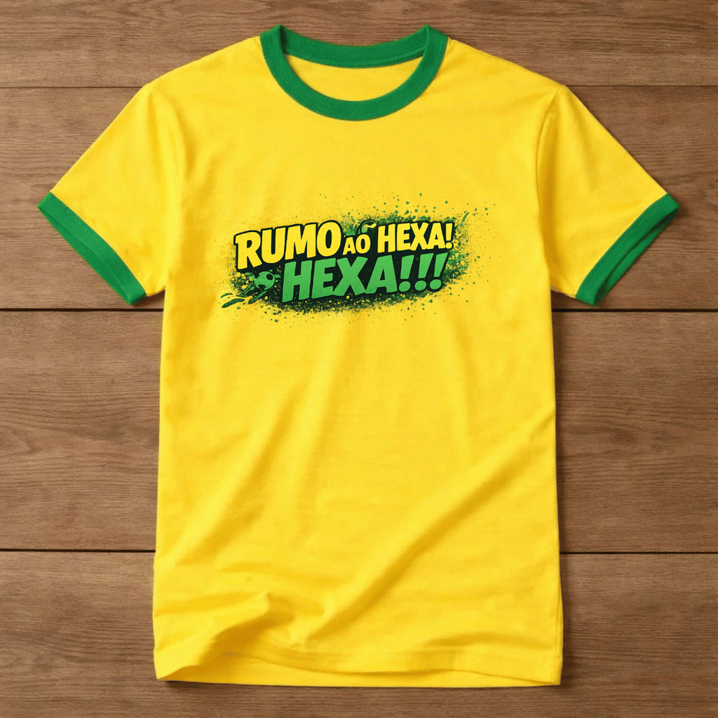 Camiseta Masculina Algodão Rumo ao Hexa Brasil Copa Estampada 100% Algodão Premium Blusa Camisa Casual Streetwear Verão
