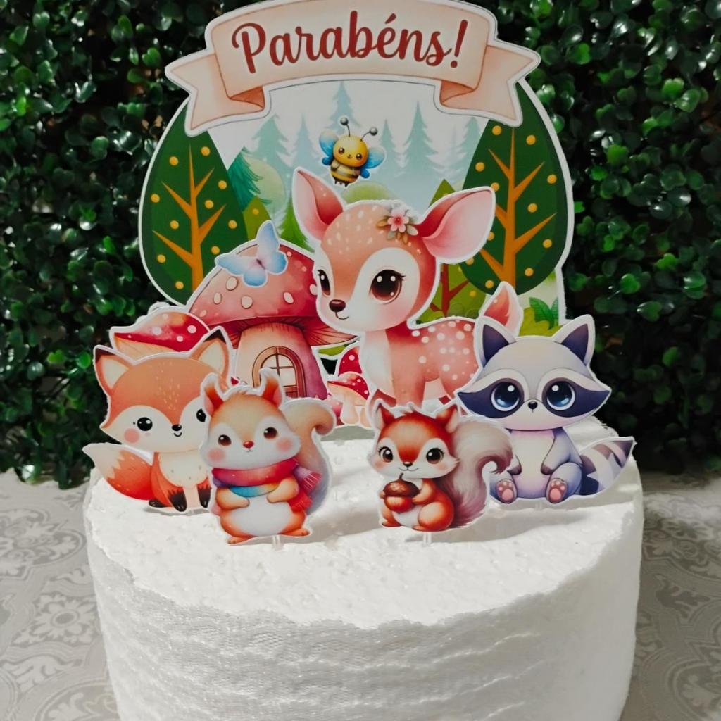 Topo de Bolo Personalizado Bosque Encantado Aquarela, Decoração de Festa, Aniversário, Mesversário