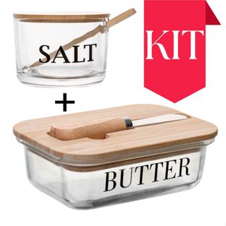 Kit Saleiro + Manteigueira Bambu Basic Vidro Butter Salt Com Colher e Espátula Porta Sal Manteiga em Oferta na Shopee